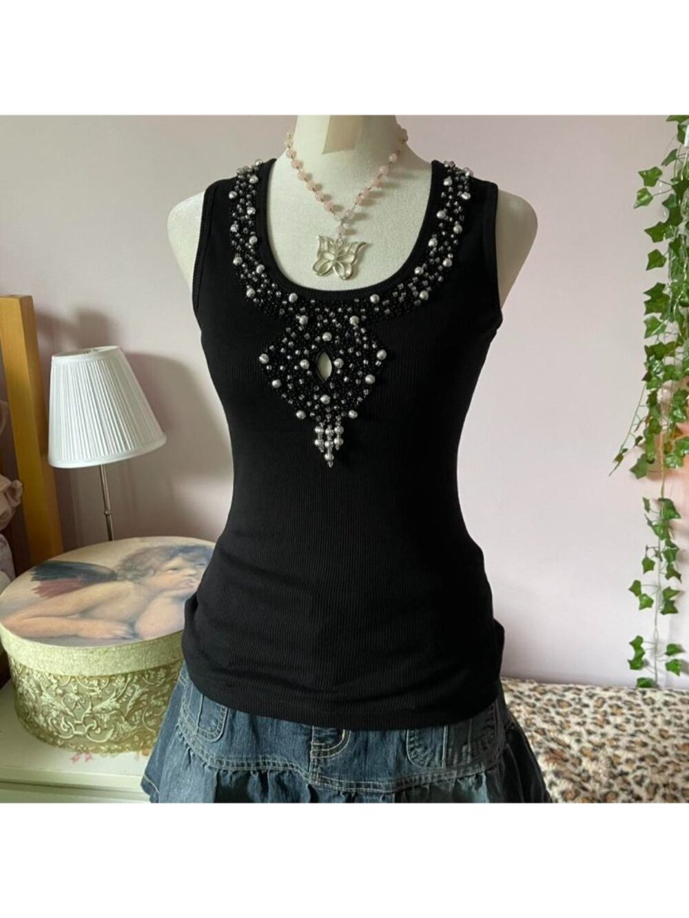 Black cotton tank top with beaded embellishments